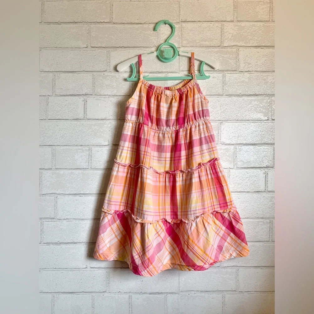 Faded Glory Girls 4T 100% Cotton Pink & Orange Plaid Prairie Dress Jumper